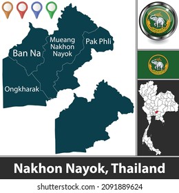 Map of Nakhon Nayok province with districts and location on Thai map. Vector image