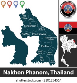 Map of Nakhon Phanom province with districts and location on Thai map. Vector image
