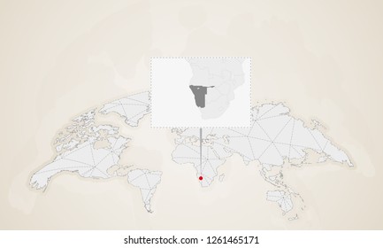 Map of Namibia with neighbor countries pinned on world map. Abstract triangles World Map.