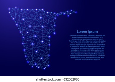 Map of Namibia from polygonal blue lines and glowing stars vector illustration