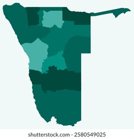 Map of Namibia with regions. Just a simple country border map with region division. Teal color palette. Plain Republic of Namibia shape with administrative division. Vector illustration.