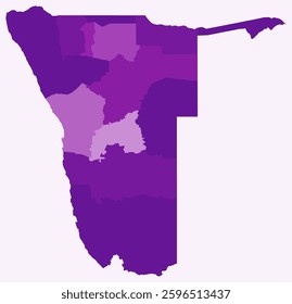 Map of Namibia with regions. Just a simple country border map with region division. Purple color palette. Flat Republic of Namibia shape with administrative division. Vector illustration.