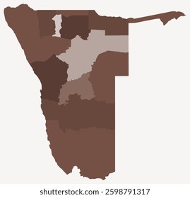 Map of Namibia with regions. Just a simple country border map with region division. Brown color palette. Flat Republic of Namibia shape with administrative division. Vector illustration.