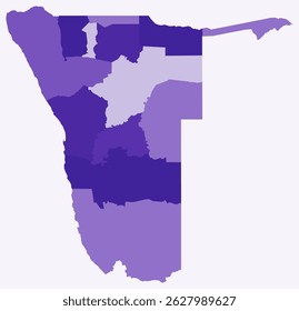 Map of Namibia with regions. Just a simple country border map with region division. Deep purple color palette. Plain Republic of Namibia shape with administrative division. Vector illustration.