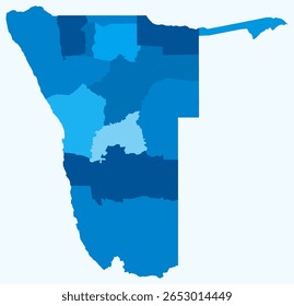 Map of Namibia with regions. Just a simple country border map with region division. Light blue color palette. Flat Republic of Namibia shape with administrative division. Vector illustration.