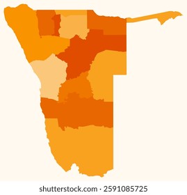Map of Namibia with regions. A simple country border map with regional divisions. Orange color palette. Vector illustration.