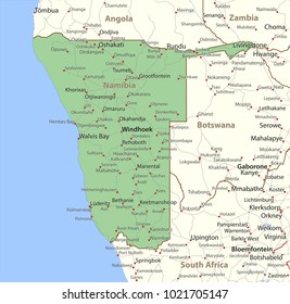 Map of Namibia. Shows country borders, urban areas, place names and roads. Labels in English where possible.
Projection: Mercator.