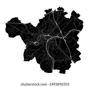 Map of Namur, Belgium. Detailed city vector map, metropolitan area. Black and white streetmap with roads and water.