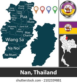 Map of Nan province with districts and location on Thai map. Vector image