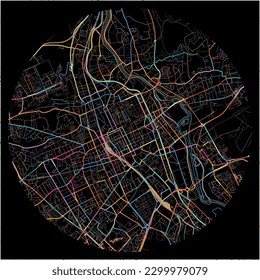 Map of Nancy, Meurthe-et-Moselle with all major and minor roads, railways and waterways. Colorful line art on black background.