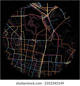 Map of Nanjing, Jiangsu with all major and minor roads, railways and waterways. Colorful line art on black background.