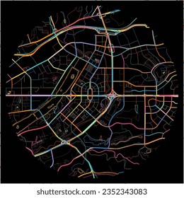 Map of Nanning, Guangxi with all major and minor roads, railways and waterways. Colorful line art on black background.