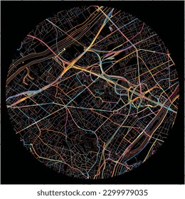 Map of Nanterre, Hauts-de-Seine with all major and minor roads, railways and waterways. Colorful line art on black background.