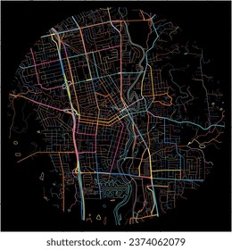 Map of Napa, California with all major and minor roads, railways and waterways. Colorful line art on black background.