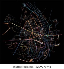 Map of Narva, Ida-Viru with all major and minor roads, railways and waterways. Colorful line art on black background.