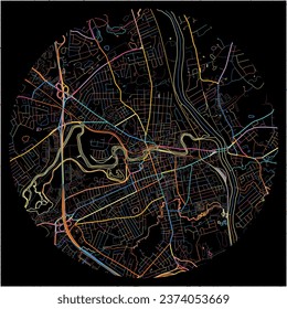 Map of Nashua, New Hampshire with all major and minor roads, railways and waterways. Colorful line art on black background.