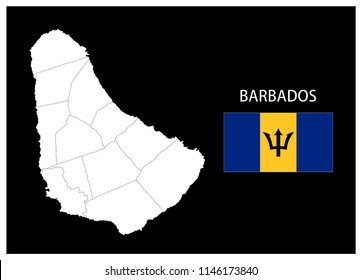 Map and National flag of Barbados,Map Of Barbados With Flag Isolated On Black Background,Vector Illustration Flag and Map of Barbados for continue.
