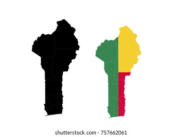Map and National flag of benin. Silhouette and colored maps with flag of benin.
