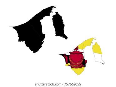 Map and National flag of brunei Darussalam. Silhouette and colored maps with flag of brunei Darussalam.