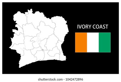 Map and National flag of Ivory Coast République de Côte d'Ivoire,Map Of Ivory Coast With Flag Isolated On Black Background,Vector Illustration Flag and Map of Ivory Coast for continue.