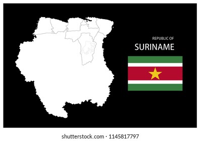 Map and National flag of Republic of Suriname,Map Of Republic of Suriname With Flag Isolated On Black Background,Vector Illustration Flag and Map of Republic of Suriname for continue.