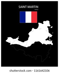 Map and National flag of Saint-Martin (France),Map Of Saint-Martin (France) With Flag Isolated On Black Background,Vector Illustration Flag and Map of Saint-Martin (France) for continue.