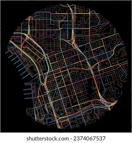 Map of NationalCity, California with all major and minor roads, railways and waterways. Colorful line art on black background.