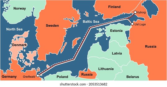 Map of natural gas transportation from Russia to Germany via the Nord Stream 2