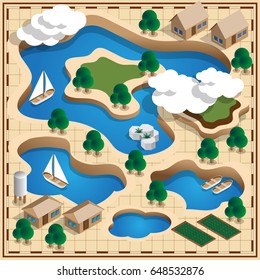 Map of the natural landscape. Lake. Isometric. Vector illustration.