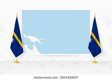 Map of Nauru and flags of Nauru on flag stand. Vector illustration for diplomacy meeting.