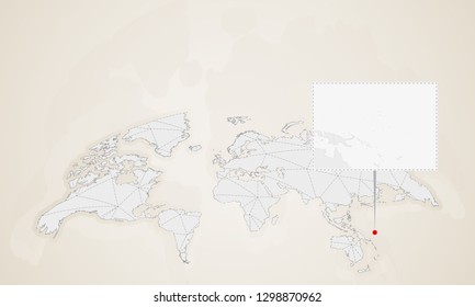 Map of Nauru with neighbor countries pinned on world map. Abstract triangles World Map.