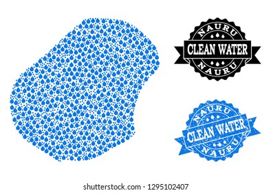 Map of Nauru vector mosaic and clean water grunge stamp. Map of Nauru composed with blue liquid dews. Seal with grunge rubber texture for clean drinking water.