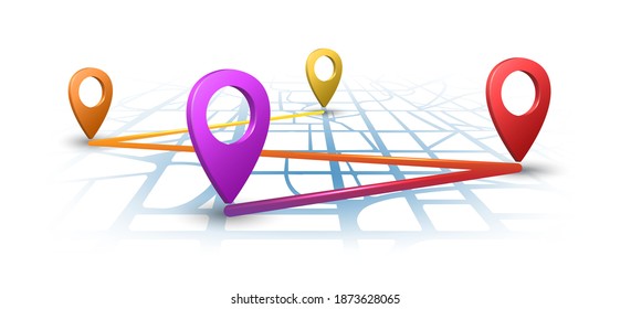 Kartennavigation mit 3D-Pins. Illustrative Navigatortechnologie-Ansicht auf Straßenhintergrund, Navigationsgps-Grafik, Reisepfad in der Vektorgrafik der Stadt