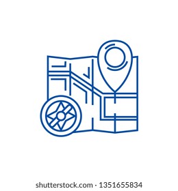 Map navigation with compass line icon concept. Map navigation with compass flat  vector symbol, sign, outline illustration.