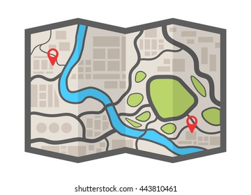 Map with navigation. Finding the way concept in flat design. Vector illustration.