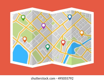 Map with navigation. Finding the way concept. Flat vector illustration.