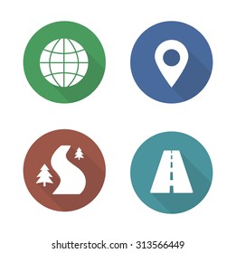 Map navigation flat design icons set. Cartography travel markers. Logistics application interface symbols. Gps location pin mark. City road and offroad long shadow silhouette signs. Vector infographic