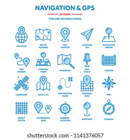 Map and navigation. GPS coordinates. Location icons. Line art.