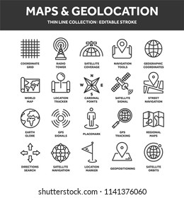 Map and navigation. GPS coordinates. Location icons. Line art.