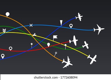 Map navigation graphic, pin pointers airplane vector set. Aircraft routes. Vector illustration