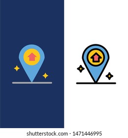 Map, Navigation, House  Icons. Flat and Line Filled Icon Set Vector Blue Background