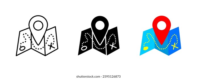Map navigation icon. Folded map with route path and location pin. Travel direction and GPS positioning symbol. Exploration and wayfinding vector illustration. Tourism and adventure concept.