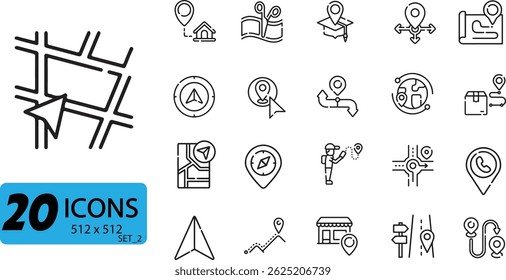 Map and Navigation Icon Set: 20 Outline Vector Illustrations Representing Location and Direction