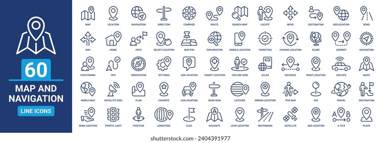 Map and navigation icon set. Containing location, navigation, direction, GPS, flag, destination, route and more. Vector outline icons collection.