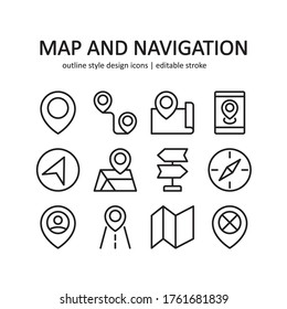 Map and navigation icon set. Contains such Icons as route, direction, and more. Line style design. Vector graphic illustration. Suitable for website design, logo, app, template, ui. Editable stroke.