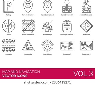 Map and Navigation Icons including Arrived Destination 1, Car Park, Caution, App, Compass, Connected Vehicle, Current Location, Destination Flag, Marker, Detecting Location, Directions, Driving, Route