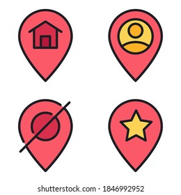 Map & navigation Icons Set (Filled Line) = pin home, pin user, pin disable, favorite location. Perfect for website mobile app, app icons, presentation, illustration and any other projects.