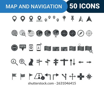 Map and Navigation Icons Set – Flat Design GPS, Location, Compass, Direction Symbols Vector Sheet