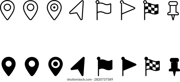 Map navigation icons set including location pins compass arrows and finish flags showcasing geography interface symbols on transparent