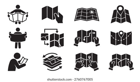 Map navigation icons for travel planning and location finding services